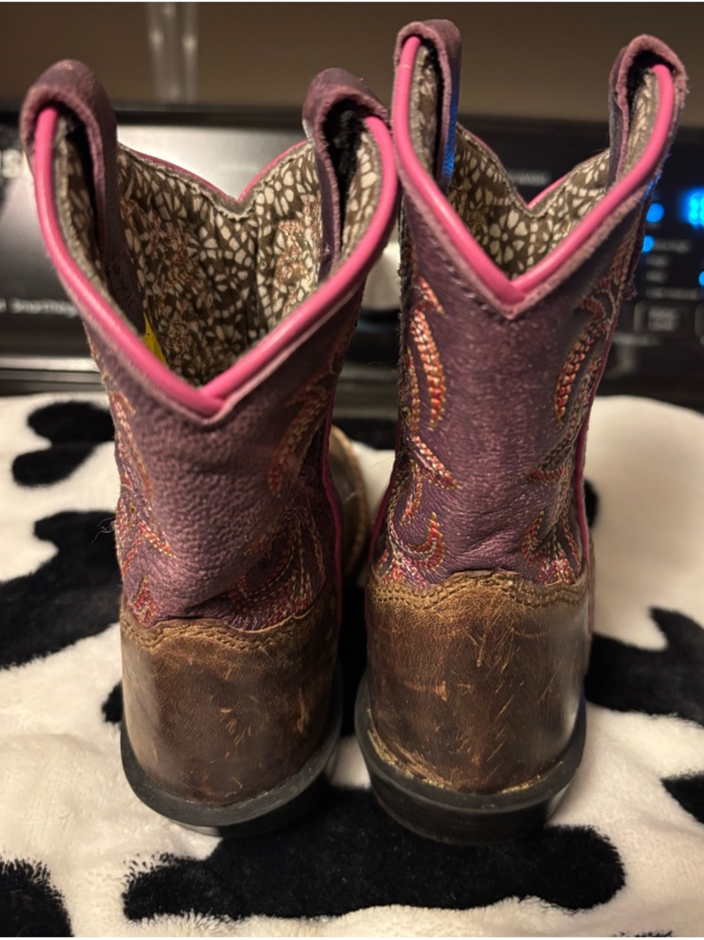 Dan Post Brown Leather baby Cowboy Boots with Purple Shaft and Pink Trim - Picture 4 of 5
